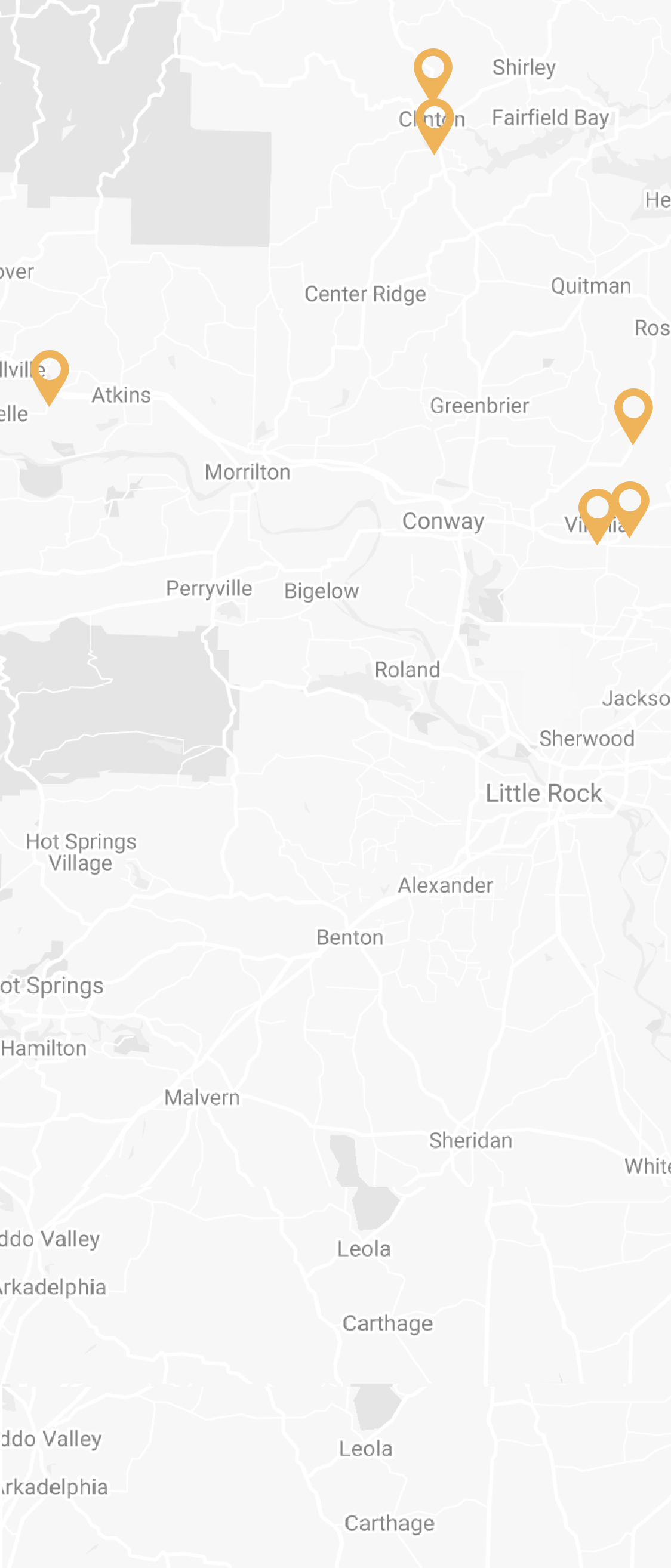 Grayscale map with orange pins showing Cypress Valley Meat Company locations.