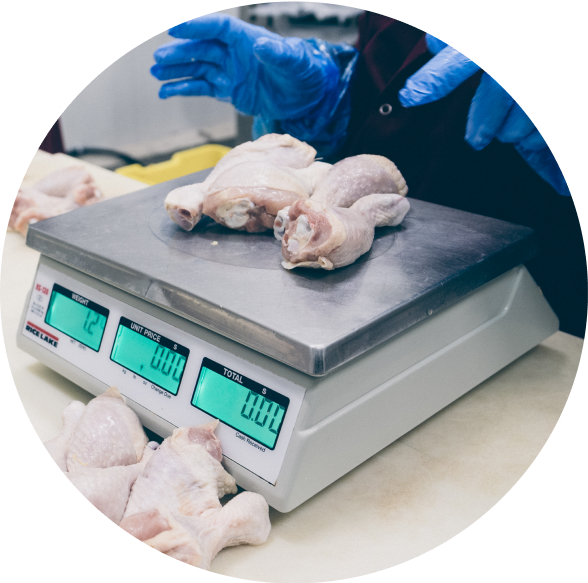 Icon of blue gloved hands weighing cuts of meat on stainless steel scale.